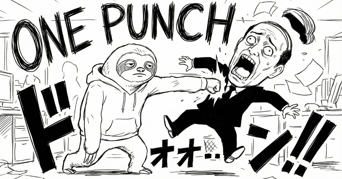 【パロディイラスト】ワンパンマン風に上司を吹っ飛ばすナマケモノ:「ONE PUNCH」の一撃で、理不尽な要求やストレス(敵)を粉砕する様子。衝撃でカツラが飛ぶ演出により、「自分がハゲるほど頑張る必要はない」というメッセージを込めた図