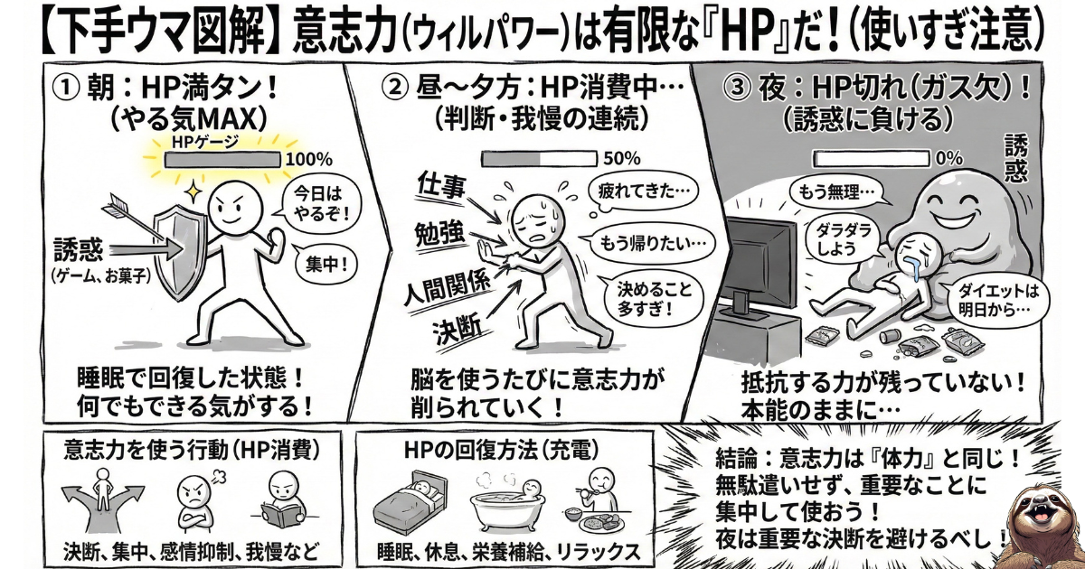 【下手ウマ図解】意志力(ウィルパワー)は有限な「HP」である:朝は満タンだが、日中の「決断」や「我慢」で消費され、夜にはガス欠になり誘惑に負けてしまうメカニズム。意志力を体力と同じ「消耗品」として扱う重要性を解説