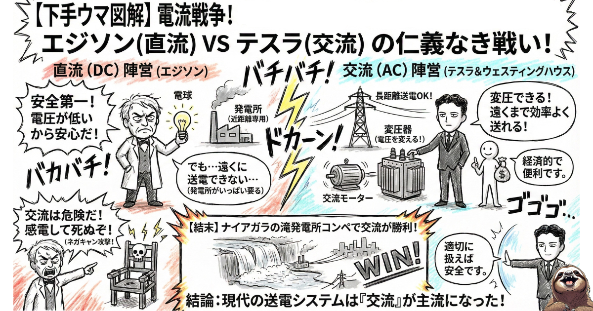 【下手ウマ図解】電流戦争(エジソンvsテスラ)の構図:近距離専門でコストがかかる「直流(DC)」のエジソンと、長距離送電が可能で効率的な「交流(AC)」のテスラの対立。最終的に効率の良い交流が勝利し、現代の主流となった歴史的教訓