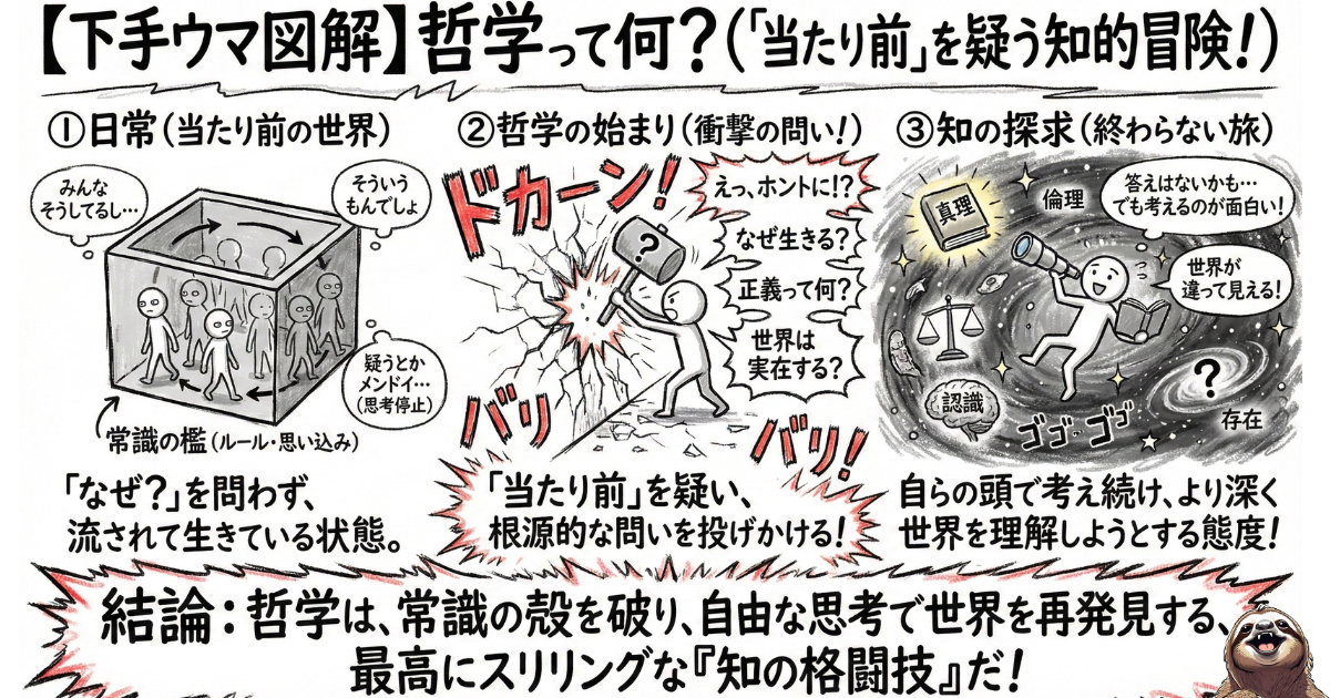 【下手ウマ図解】哲学とは何か?:「常識の檻(思考停止)」の中にいる日常から、「なぜ?」という問いのハンマーで壁を破壊し、広大な「知の探求(宇宙)」へと飛び出す3段階のプロセス。当たり前を疑い、世界を再発見する知的冒険の図解