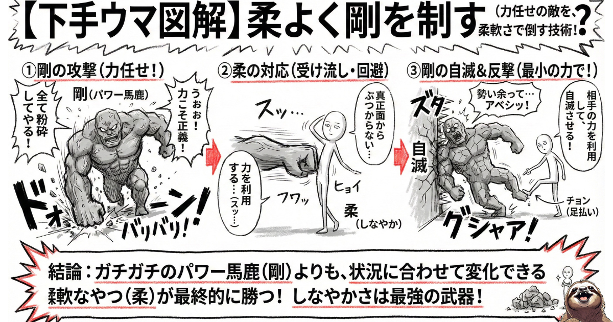 【下手ウマ図解】柔よく剛を制す(力任せの敵を柔軟さで倒す技術):1.剛の攻撃(力任せに突進)、2.柔の対応(受け流し・回避)、3.剛の自滅&反撃(相手の力を利用)。ガチガチのパワー馬鹿よりも、状況に合わせて変化できる「しなやかさ」が最強である理由
