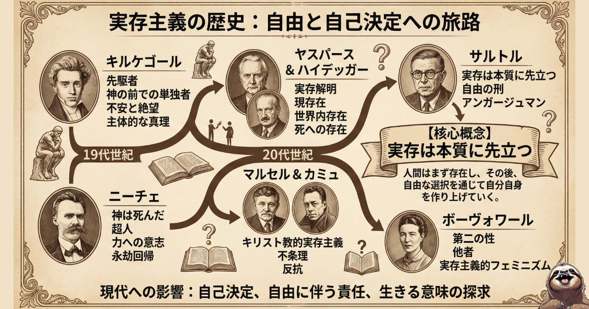【図解】実存主義の歴史と主要哲学者：19世紀のキルケゴール（不安）、ニーチェ（神の死）から、20世紀のヤスパース、ハイデガー、カミュを経て、サルトルの「実存は本質に先立つ」に至る系譜。自由と自己決定の旅路をまとめた相関図
