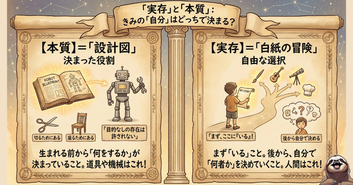 【図解】「実存」と「本質」の決定的な違い：目的が決まっている「本質（例：ロボット＝設計図が先）」と、生き方を後から選べる「実存（例：人間＝白紙の冒険が先）」の比較イラスト。サルトル哲学における「自由な選択」の意味を解説