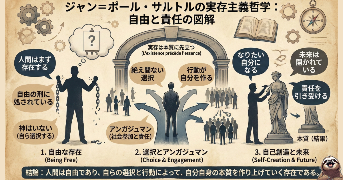【図解】ジャン＝ポール・サルトルの実存主義哲学の全貌：1.自由な存在（神はいない・鎖からの解放）、2.選択とアンガージュマン（社会参加・行動が自分を作る）、3.自己創造（未来を彫刻する）。自由に伴う責任と、人生を自ら切り拓くプロセスを網羅した解説図