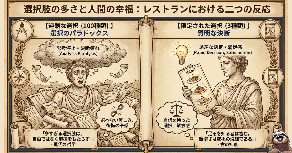 【図解】選択のパラドックスと人間の幸福：選択肢が多すぎると「思考停止・後悔（不幸）」を招き、限定された選択肢の方が「迅速な決定・満足（幸福）」に繋がる心理メカニズム。サルトルの「自由の不安」をレストランのメニューで解説