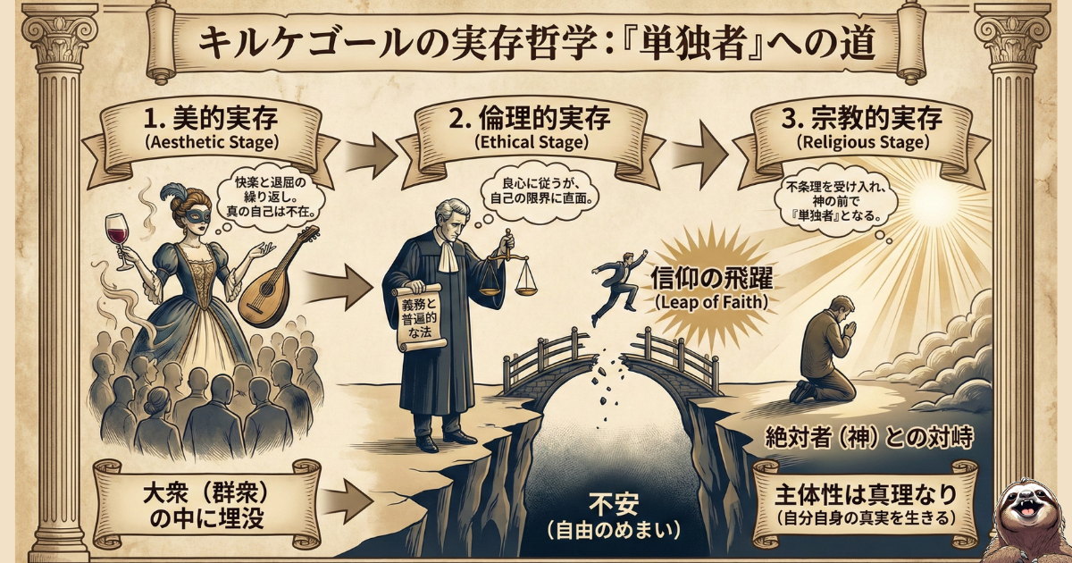 【図解】キルケゴールの「実存の3段階」：1.美的実存（快楽と退屈の繰り返し）、2.倫理的実存（良心と限界）、3.宗教的実存（単独者としての神との対峙）。「不安」の崖を「信仰の飛躍」で乗り越え、主体的な真理に到達するプロセス