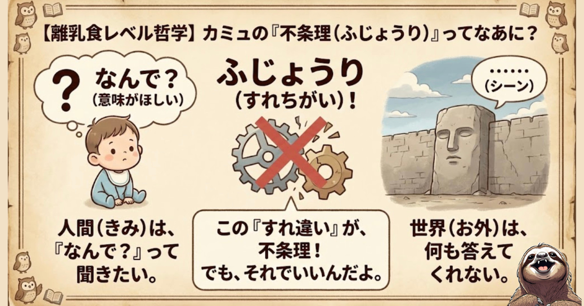 【離乳食レベル図解】カミュの「不条理」とは？：1.意味を求める「人間（赤ちゃん）」、2.沈黙する「世界（石像）」、3.両者の決定的な「すれ違い（噛み合わない歯車）」こそが不条理であると説く、超初心者向けの哲学解説