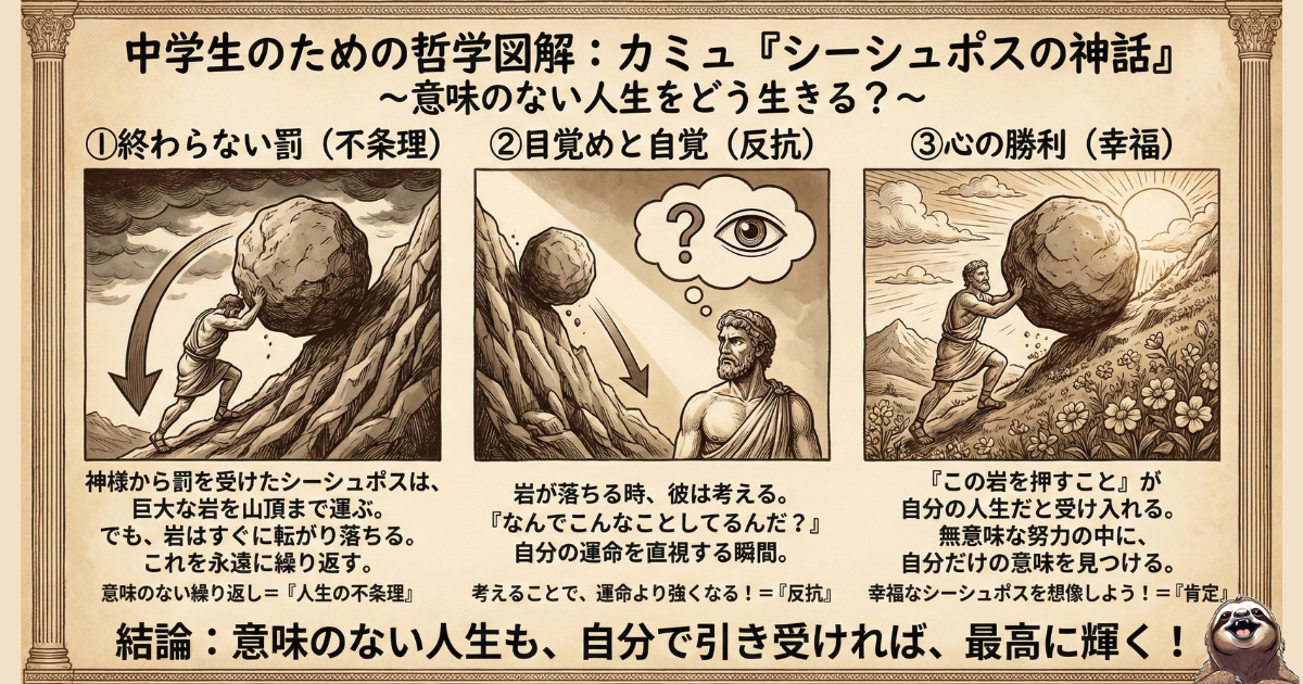 【図解】カミュ『シーシュポスの神話』の3段階プロセス：1.終わらない罰（不条理な運命）、2.目覚めと自覚（運命への反抗）、3.心の勝利（幸福）。意味のない人生を自ら引き受けることで、罰を喜びに変える哲学を中学生向けに解説