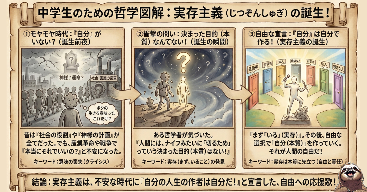 【中学生向け図解】実存主義の誕生と意味をわかりやすく解説：1.産業革命や戦争による「意味の喪失（不安）」、2.決まった目的はないという「実存の発見」、3.自分の人生は自分で作るという「自由の宣言」。時代背景から思想の核心までを網羅したイラスト