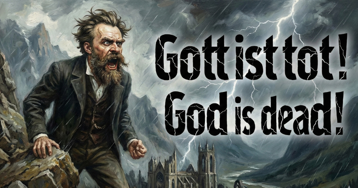 【迫力のイラスト】フリードリヒ・ニーチェの「神は死んだ（Gott ist tot）」：嵐の中で絶叫する哲学者と崩れ去る教会の背景。絶対的な価値観（キリスト教的道徳）の崩壊と、実存主義へと繋がるニヒリズムの到来を表現した図
