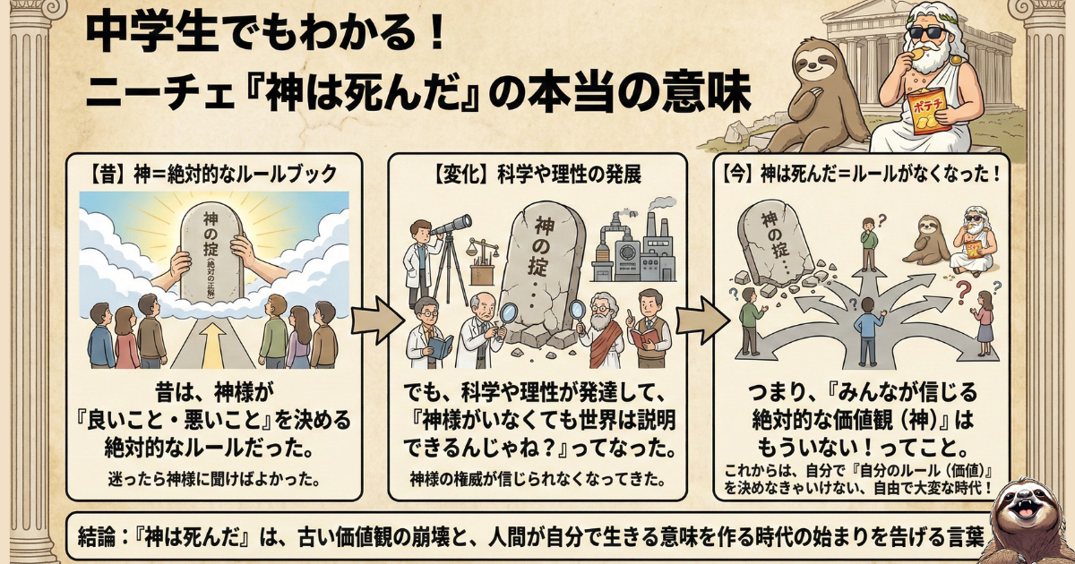 【中学生でもわかる図解】ニーチェ「神は死んだ」の本当の意味：1.昔は「神＝絶対的なルールブック」だった、2.科学の発展で神の権威が揺らいだ、3.今は絶対的な価値観が消え「自分でルールを決める時代」になった。実存主義の前提となる思想解説