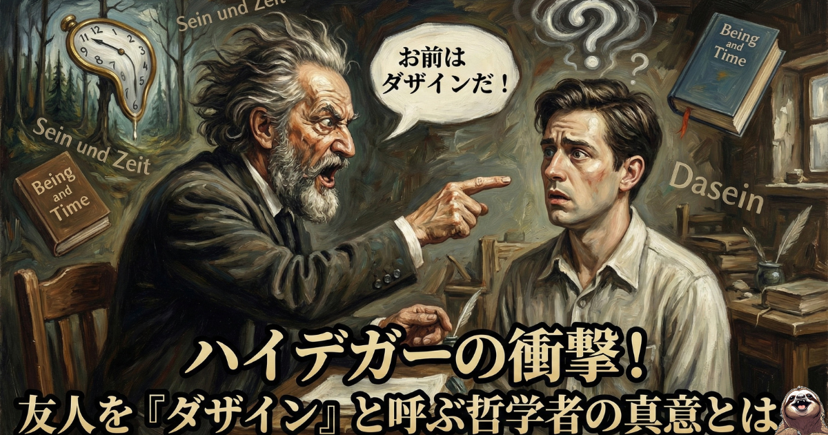 【インパクト画像】ハイデガーの衝撃！友人を「ダザイン（現存在）」と呼ぶ哲学者：主著『存在と時間（Sein und Zeit）』の核心概念である「Dasein（人間）」の意味を、ユーモラスな絶叫シーンで表現した実存主義の解説イラスト