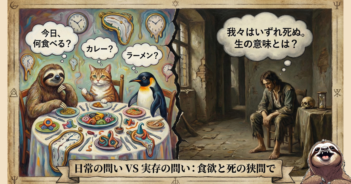 【シュール図解】日常の問いVS実存の問い：ハイデガー哲学における「非本来的な日常（今日何食べる？）」と「死への先駆的覚悟（生の意味とは？）」の対比。ダリ風の時計や動物たちを用いて、人間が抱える「食欲と死」の矛盾を描いたイラスト