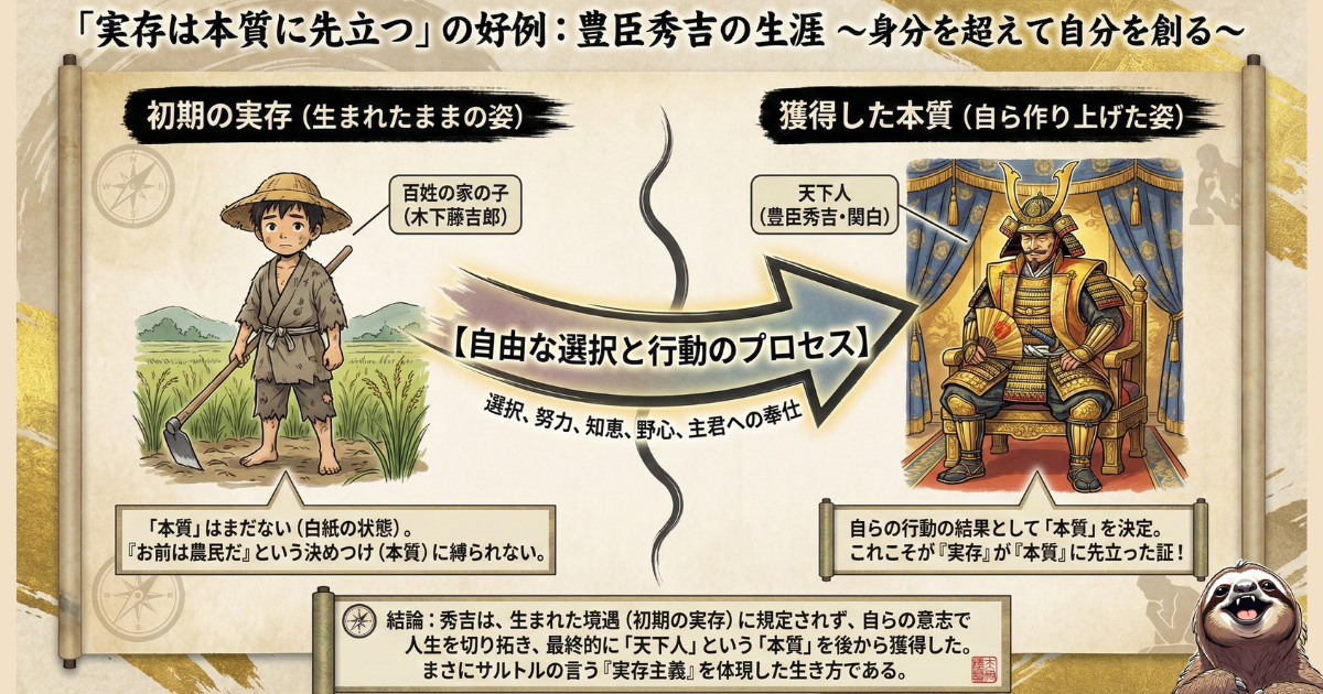 【図解】「実存は本質に先立つ」の最強の具体例・豊臣秀吉：農民（初期の実存）として生まれた秀吉が、運命に縛られず、自らの選択と努力で天下人（獲得した本質）へと成り上がったプロセス。サルトル哲学を日本の歴史でわかりやすく解説