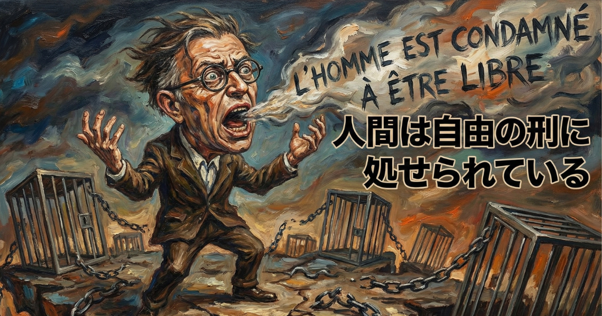 【迫力のイラスト】サルトルの名言「人間は自由の刑に処せられている」：破壊された檻と鎖を背景に、自由の厳しさ（全責任）を叫ぶジャン＝ポール・サルトル。実存主義の核心概念である「自由の代償」を劇画風に描いたインパクト画像