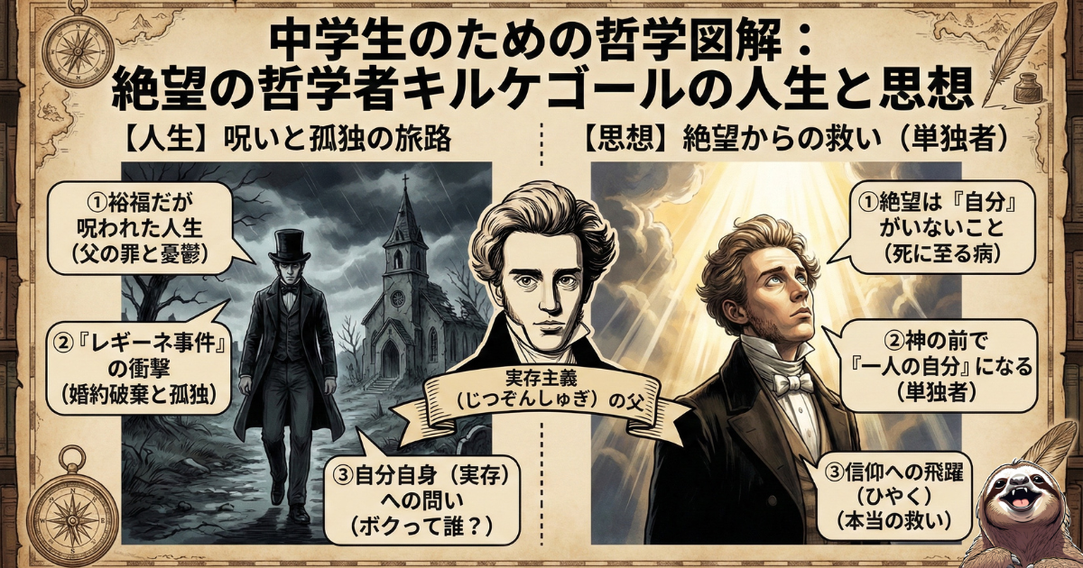 【図解】キルケゴールの人生と思想：裕福だが呪われた人生と婚約破棄（レギーネ事件）を経て、「死に至る病（絶望）」から「単独者」としての救い（信仰への飛躍）に至るプロセス。実存主義の父と呼ばれる理由を中学生向けに解説