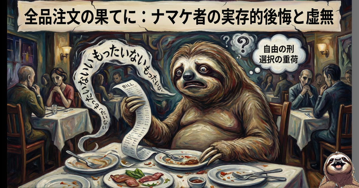 【ユーモア図解】実存的後悔と虚無：「全品注文（無限の自由）」を行使した結果、長大な請求書と「もったいない」という罪悪感（責任）に押しつぶされるナマケ者。サルトルの「自由の刑」を、レストランでの失敗談として描いたイラスト
