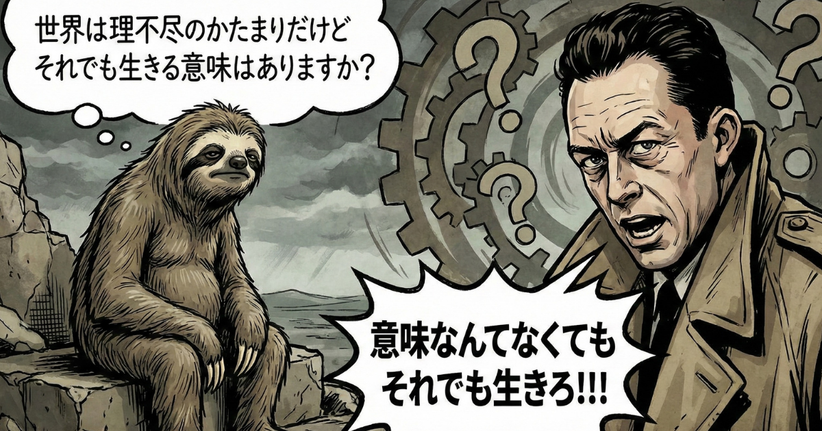 【迫力の図解】カミュの「反抗」とは？：「世界は理不尽だが、生きる意味はあるか？」と問うナマケ者に対し、「意味なんてなくてもそれでも生きろ！」と叫ぶカミュ。不条理な運命を受け入れ、その上で生を全肯定する実存的思想の真髄