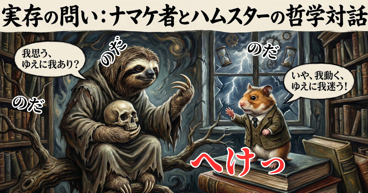 【哲学パロディ図解】実存の問い：デカルトの「我思う、ゆえに我あり」を疑うナマケ者と、「我動く、ゆえに我迷う」と返すスーツ姿のハムスター。「へけっ」「のだ」という語尾と共に、頭で考える理性と、迷いながら行動する実存の違いを解説