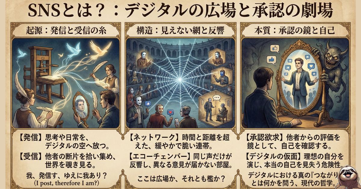 【図解】SNSという「承認の劇場」と実存主義：1.起源「我、発信す、ゆえに我あり」、2.構造「エコーチェンバー（同調圧力の檻）」、3.本質「承認欲求とデジタルの仮面」。サルトルの「他者のまなざし（地獄とは他人だ）」が支配する現代のSNS地獄を解説