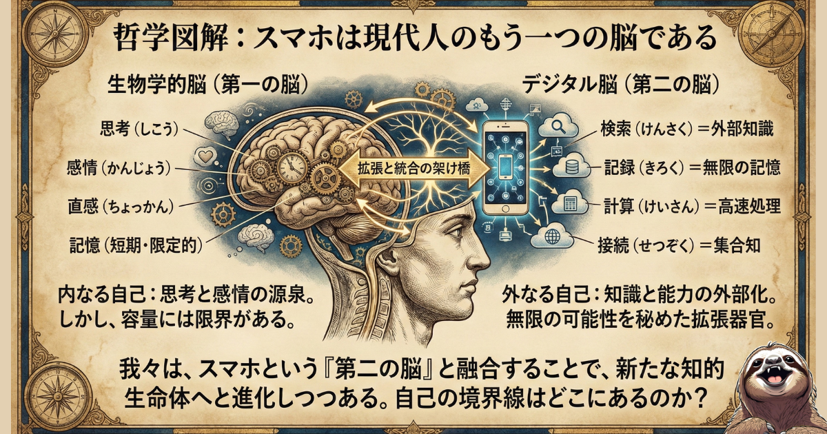 【現代哲学図解】スマホは現代人の「第二の脳」である：生物学的脳（思考・感情）とデジタル脳（検索・無限の記憶）が融合し、人間が新たな知的生命体へと進化している様子を描いたイラスト。自己の境界線を問う、現代の実存主義的考察