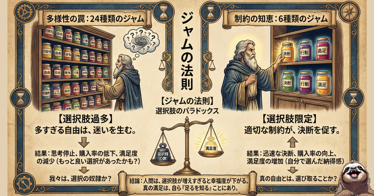 【図解】ジャムの法則（選択のパラドックス）と幸福度：選択肢が多すぎる（24種類）と「迷い・購入率低下」を招き、限定する（6種類）と「決断・満足度向上」に繋がる心理学実験。実存主義的な「自由の苦しみ」をジャム売り場の例で解説