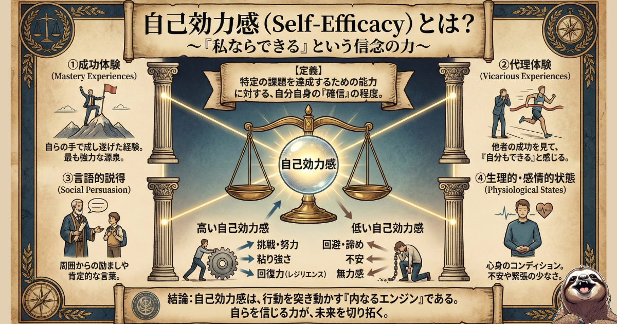 【図解】自己効力感（Self-Efficacy）とは？：バンデューラが提唱した「私ならできる」という信念の4つの源泉（成功体験、代理体験、言語的説得、生理的状態）と、それが行動（挑戦・努力）に与える影響を解説した心理学イラスト
