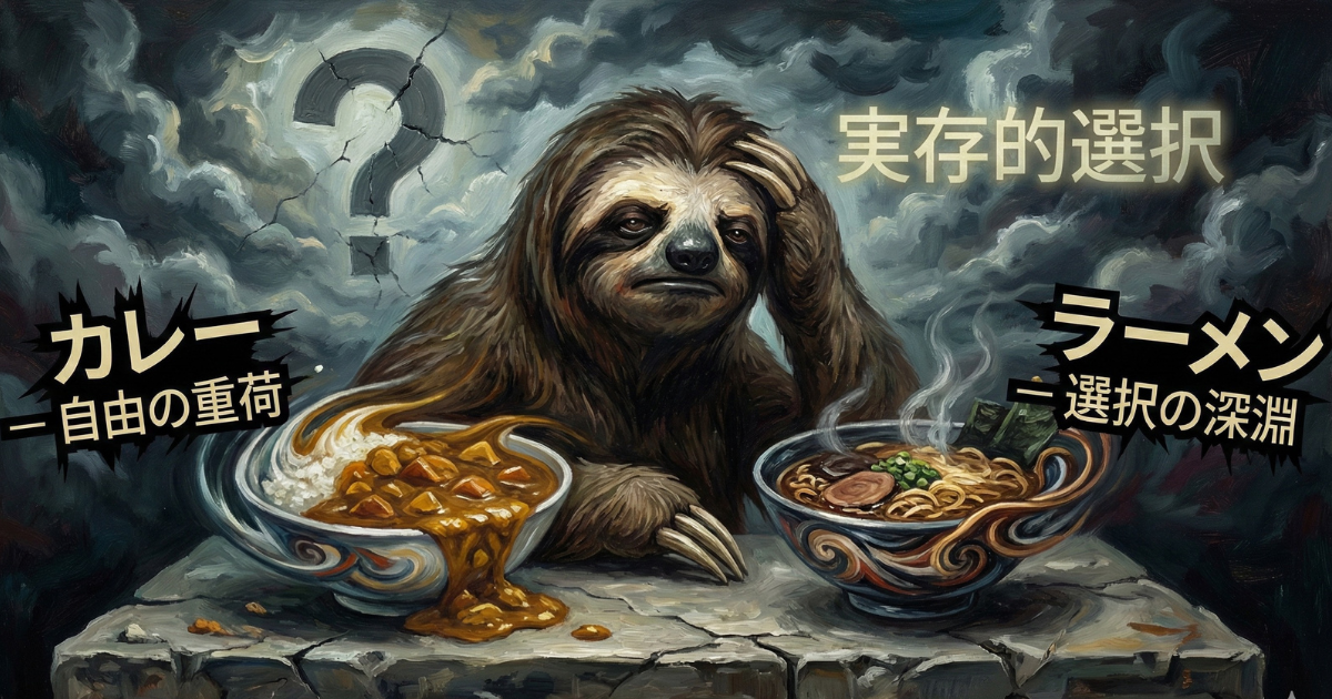 【ユーモア図解】実存的選択の苦しみ：「カレー（自由の重荷）」か「ラーメン（選択の深淵）」かで真剣に悩むナマケ者。サルトルが説く「些細な日常の選択にも全責任が伴う苦痛（自由の刑）」を、ランチの二択でわかりやすく解説