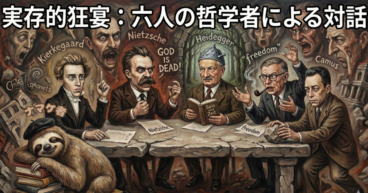 【総まとめ図解】実存主義の哲学者オールスターズ：キルケゴール（絶望）、ニーチェ（神の死）、ハイデガー（存在）、サルトル（自由）、カミュ（不条理）が一堂に会して激論する中、ナマケ者がマイペースに寝ている「実存的狂宴」のイラスト