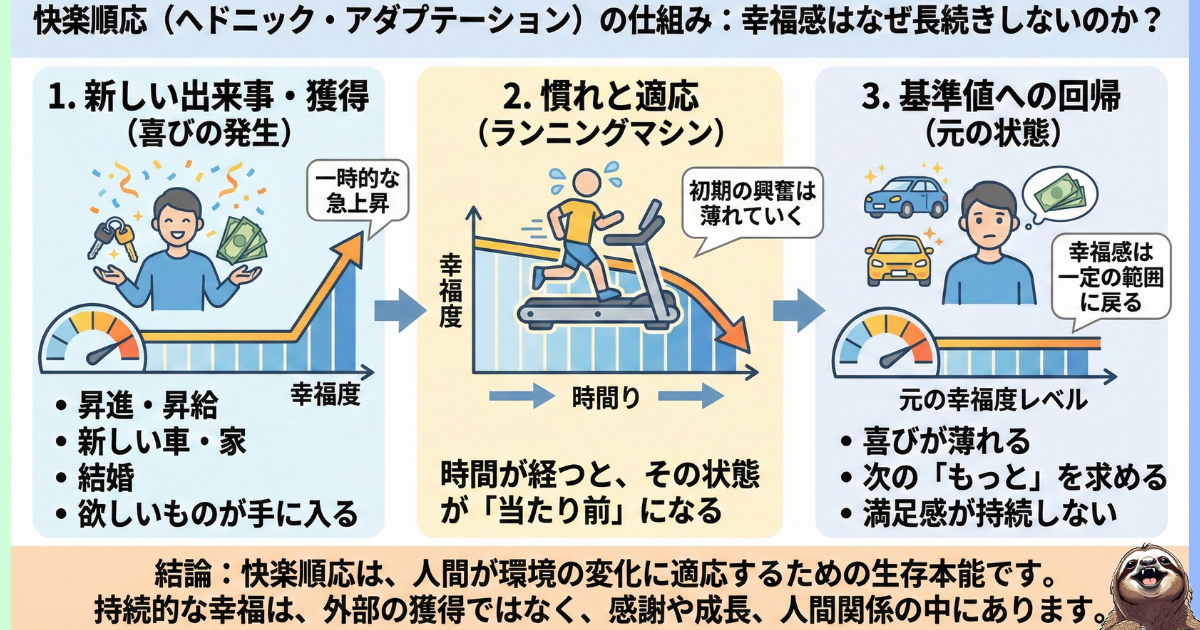 【図解】快楽順応（ヘドニック・アダプテーション）の仕組み：昇進や買い物で一時的に幸福感が上がっても、すぐに「慣れ」が生じて元のレベルに戻ってしまう心理現象。「もっと欲しい」と求め続ける「ヘドニック・トレッドミル（快楽のランニングマシン）」の状態を解説