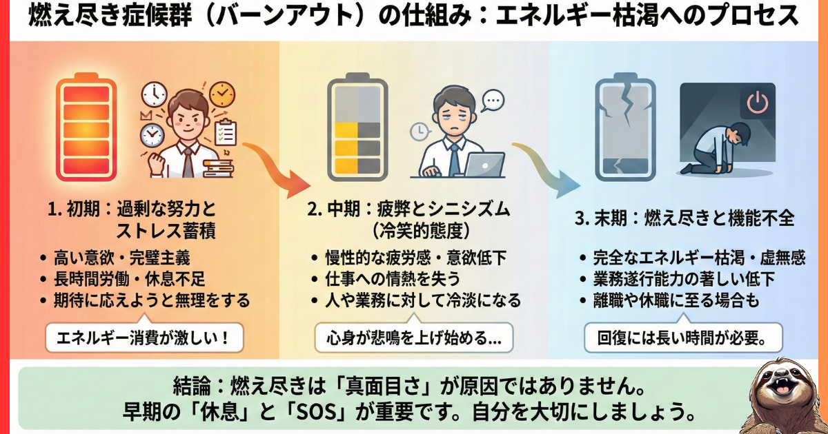【図解】燃え尽き症候群（バーンアウト）の3段階プロセス：初期の「過剰な努力（完璧主義）」から、中期の「疲弊・シニシズム」、末期の「機能不全（エネルギー枯渇）」に至る流れを電池の残量で表現したイラスト。真面目さが引き起こす心身の崩壊メカニズム