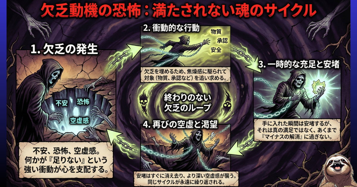 【図解】欠乏動機の恐怖と無限ループ：マズロー心理学における「欠乏欲求（物質・承認への渇望）」が満たされないメカニズム。不安から始まり、一時的な充足（マイナスの解消）を経て、再び空虚感に襲われる「終わりのない魂のサイクル」を描いたイラスト