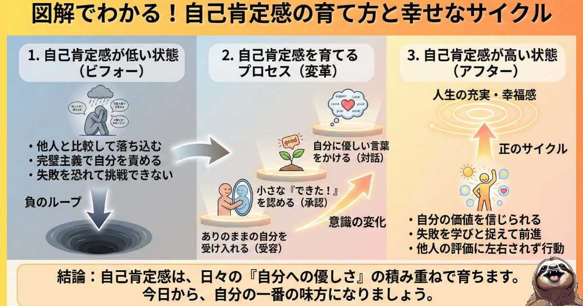 【図解】自己肯定感の育て方と幸せなサイクル：他人との比較や完璧主義による「負のループ」から抜け出し、ありのままの自分を受け入れる（受容）・小さな成功を認める（承認）ことで「正のサイクル」へと移行するプロセスを解説したイラスト