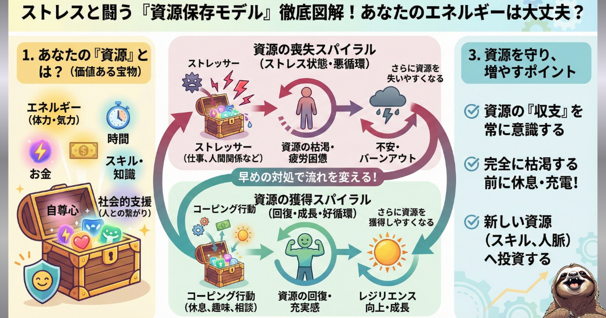 【図解】ストレスと闘う「資源保存モデル（COR理論）」：個人の持つ資源（エネルギー・時間・自尊心）が枯渇すると「喪失スパイラル（悪循環）」に陥り、逆に休息やコーピングで資源を守れば「獲得スパイラル（好循環）」に入るメカニズム