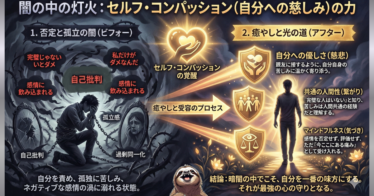 【図解】セルフ・コンパッション（自分への慈しみ）の3つの要素：「自分への優しさ」「共通の人間性」「マインドフルネス」の盾を持ち、自己批判や孤立感といった「心の闇」から抜け出すプロセス。自分を責めずに受け入れることが最強のメンタルケアであることを解説