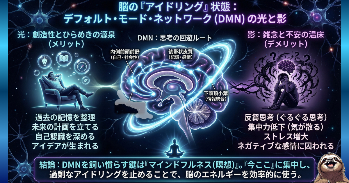 【図解】デフォルト・モード・ネットワーク（DMN）の光と影：脳のアイドリング状態がもたらす「創造性・ひらめき（メリット）」と「反芻思考・脳疲労（デメリット）」の対比図。マインドフルネス（瞑想）によってDMNを制御し、脳のエネルギー効率を高める方法