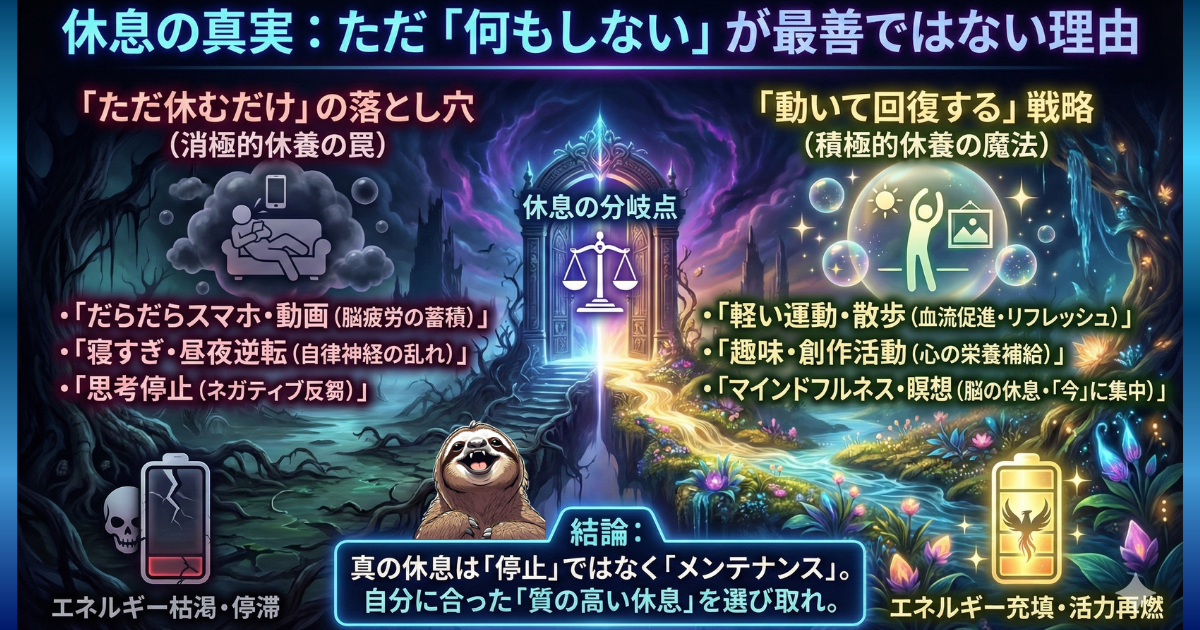 【図解】休息の真実・積極的休養（アクティブレスト）の重要性：「ただ何もしない（消極的休養）」は脳疲労や自律神経の乱れを招く罠であるのに対し、「軽く動く・趣味に没頭する（積極的休養）」こそがエネルギーを回復させる科学的な休息法であることを解説