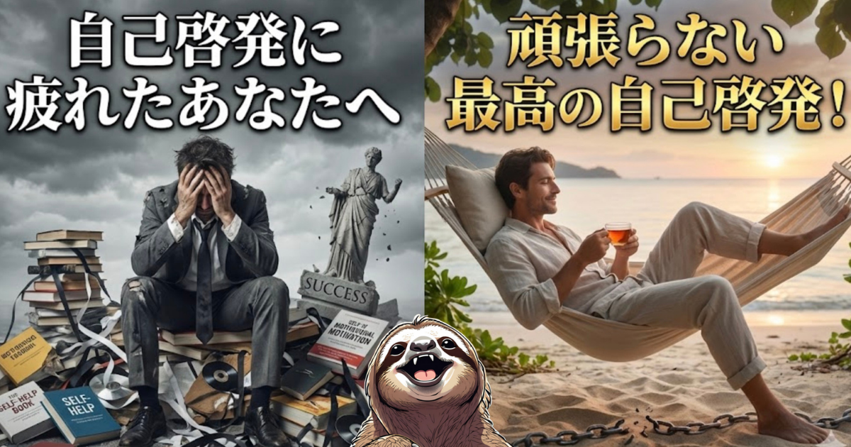 【記事アイキャッチ】自己啓発に疲れたあなたへ vs 頑張らない最高の自己啓発：成功へのプレッシャーで絶望する男性（左）と、ハンモックでリラックスして幸せを感じる男性（右）の比較画像。「頑張らない」ことこそが科学的に正しい成長戦略であることを示すイラスト