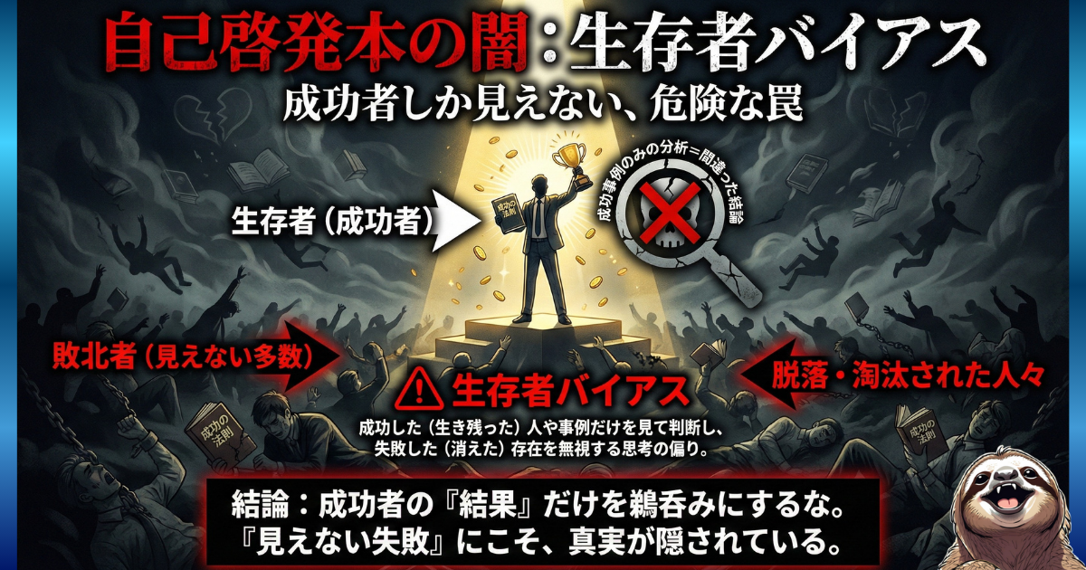 【図解】自己啓発本の闇・生存者バイアスとは：「成功者（生存者）」の背後には、同じことをして失敗した「見えない多数（敗北者）」がいるという統計的事実。成功事例だけを分析して間違った結論を導き出す、危険な認知の歪みを解説