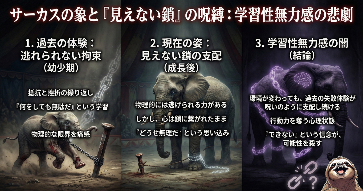 【図解】ブラック企業を辞められない心理「学習性無力感」の悲劇:サーカスの象が「抵抗しても無駄」という過去の学習によって、逃げられる力があるのに逃げようとしない状態(見えない鎖の呪縛)を描いたイラスト