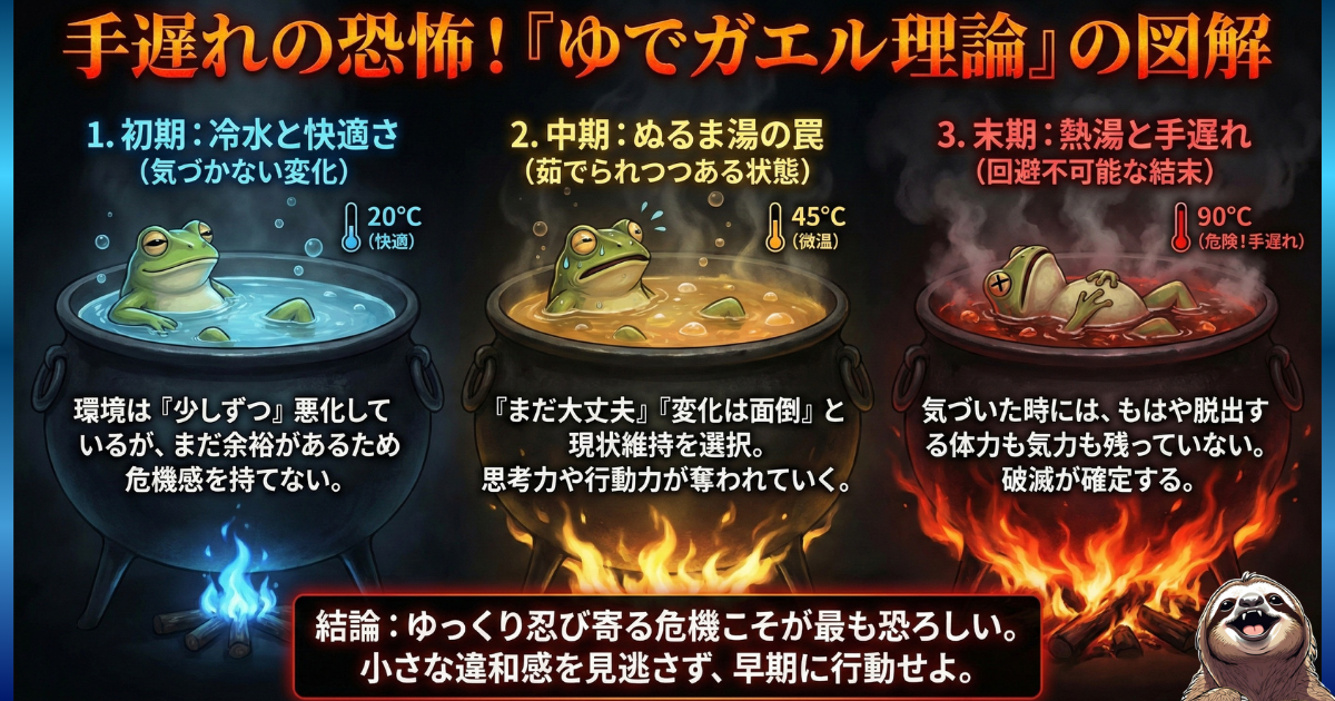 【図解】手遅れの恐怖!ゆでガエル理論の3段階プロセス:環境が徐々に悪化する場合、人は変化に気づけず(ぬるま湯の罠)、気づいた時には脱出不可能な状態(熱湯)になってしまう心理現象。ブラック企業で過労死が起きるメカニズムを解説