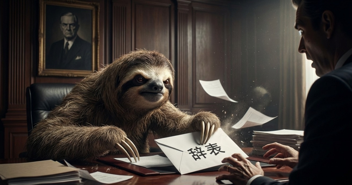 【決断の時】ブラック企業に辞表を叩きつけるナマケモノ:過酷な労働環境に見切りをつけ、威圧的な上司に対して毅然と「辞表」を提出するドラマチックなイラスト。逃げることは「負け」ではなく、自分を守るための「英断」であることを表現