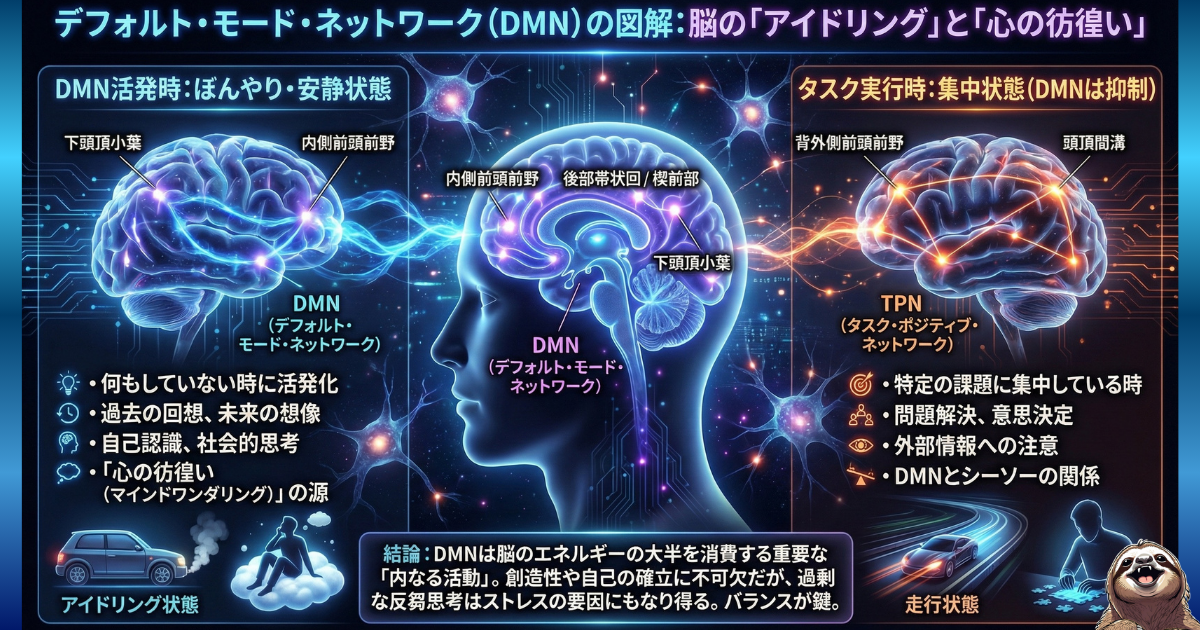 【脳科学図解】デフォルト・モード・ネットワーク(DMN)の役割:「ぼんやりしている時」に活性化する脳の回路(アイドリング状態)と、タスク集中時のTPNとの違いを比較解説。創造性や自己認識におけるDMNの重要性を示したイラスト