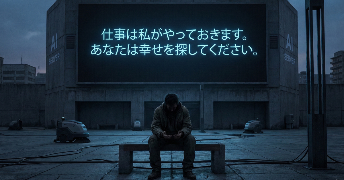 【AI時代のパラドックス】「仕事は私がやっておきます。あなたは幸せを探してください」というAIのメッセージと、役割を失い項垂れる男性。労働からの解放が、逆に人間から「生きる手応え」を奪ってしまう未来を描いた風刺的なイラスト