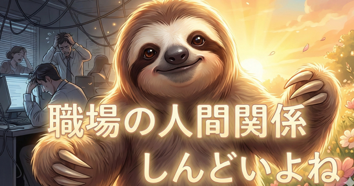 【共感】「職場の人間関係 しんどいよね」と優しく語りかけるナマケモノ:背景の暗いオフィスで頭を抱える会社員たち(ストレス)とは対照的に、温かい光の中で微笑むナマケ者が描かれた、仕事に疲れた人への癒やし画像
