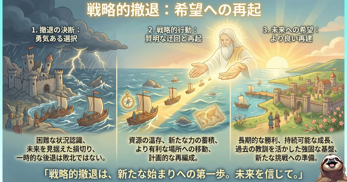 【図解】逃げるは恥ではなく「戦略」だ:過酷な環境からの「撤退の決断(勇気ある選択)」を経て、資源を温存しつつ「賢明な迂回」を行い、最終的に「未来への希望(より良い再建)」へと至る3ステップの成功プロセス
