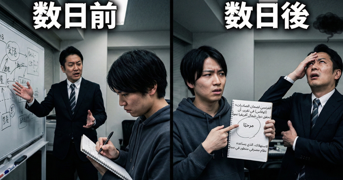 「数日前」と「数日後」の比較イラスト。左側はスーツ姿の上司がホワイトボード前で熱弁し、部下がメモを取っている。右側はパーカー姿になった部下がノートに描いたメモ(暗号)を指差し、上司が頭を抱えて困り果てている