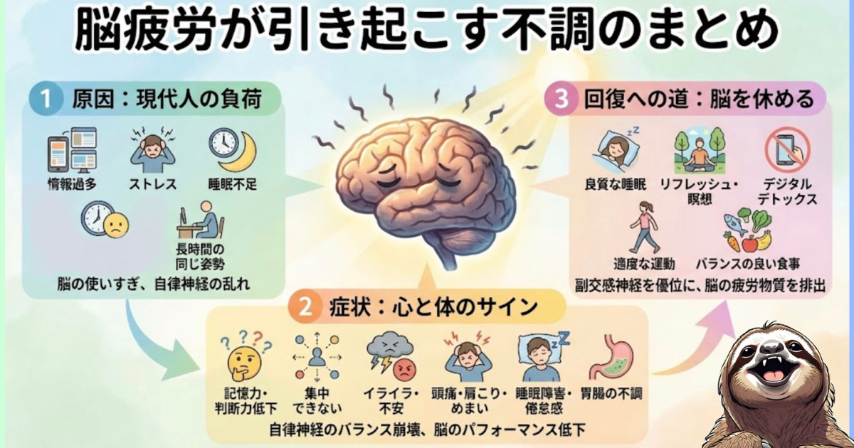【図解】脳疲労が引き起こす不調のまとめ:情報過多やストレス(原因)が自律神経を乱し、頭痛・不眠・不安(症状)を招くメカニズム。デジタルデトックスや瞑想によって脳を休め、副交感神経を優位にする回復への道(処方箋)を解説