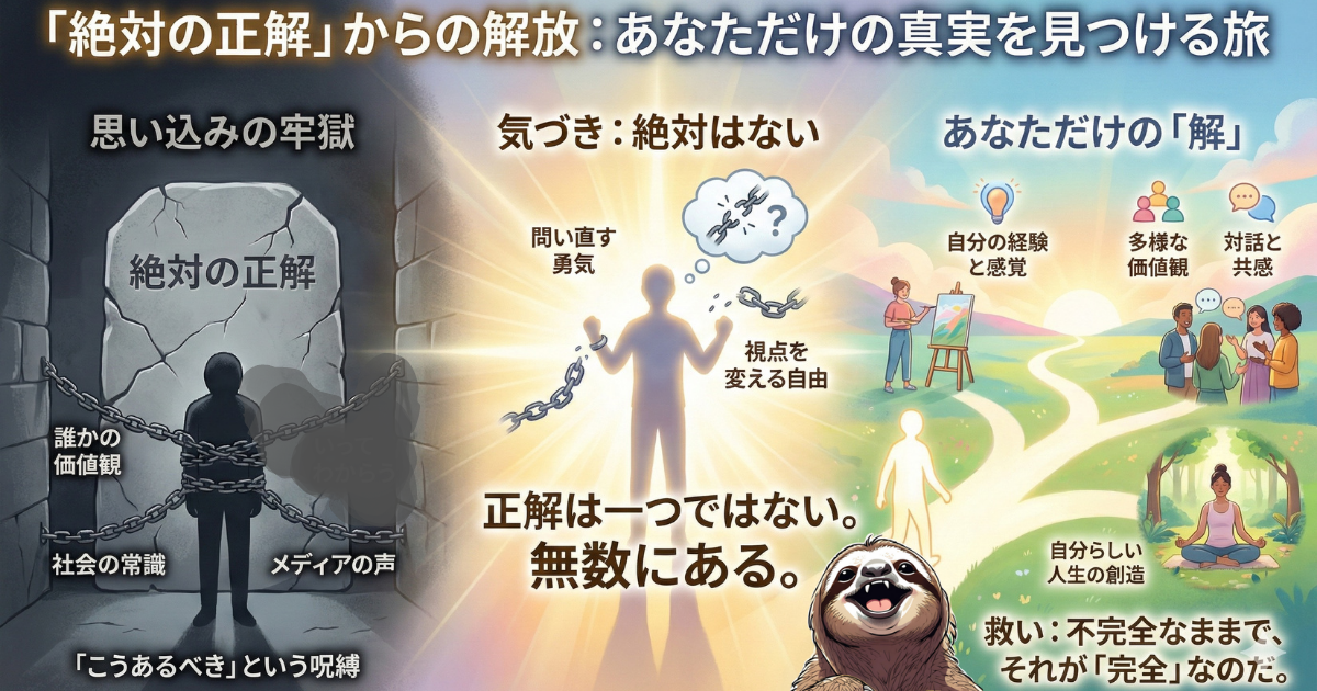 【図解】「絶対の正解」からの解放:「こうあるべき」という社会の常識や思い込みの牢獄(生きづらさ)から脱出し、自分だけの真実(解)を見つける旅へ。正解は一つではなく無数にあることを説く、ナマケ者流「思考の処方箋」の結論