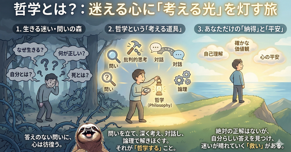 【図解】哲学とは何か?:「なぜ生きる?」「死とは?」といった人生の迷い(暗い森)を、批判的思考や対話という「考える道具(ランタン)」を使って照らし、自分だけの納得と心の平安(朝日)へ辿り着くプロセス